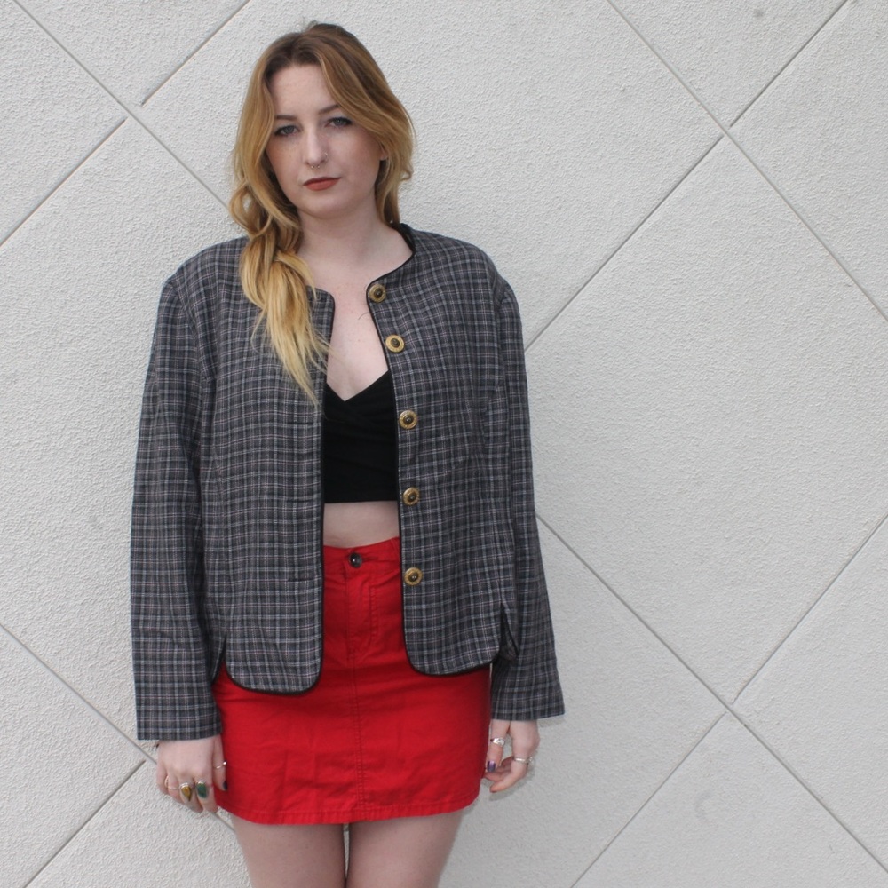 Grey + Red Plaid Long Sleeve Gold Button Up Coat❣️